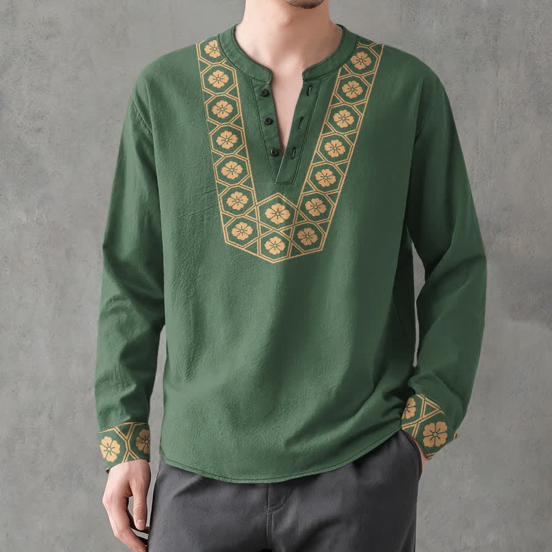 Buddha Stones Cotton Ethnic Flower Grid Pattern V-Neck Buttons Men's Long Sleeve Shirts - image 8