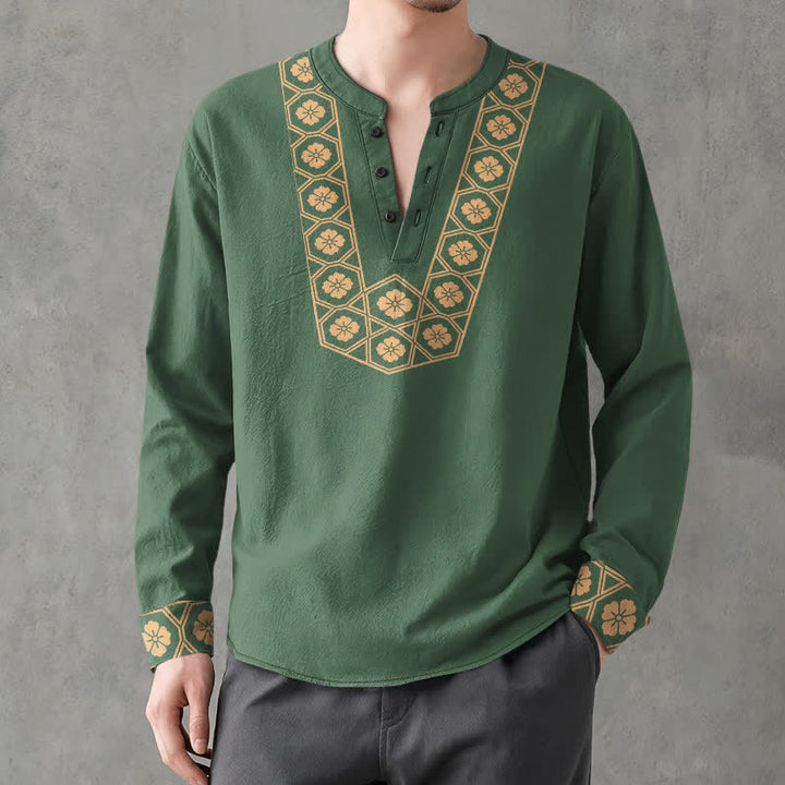 Buddha Stones Cotton Ethnic Flower Grid Pattern V-Neck Buttons Men's Long Sleeve Shirts - image 8