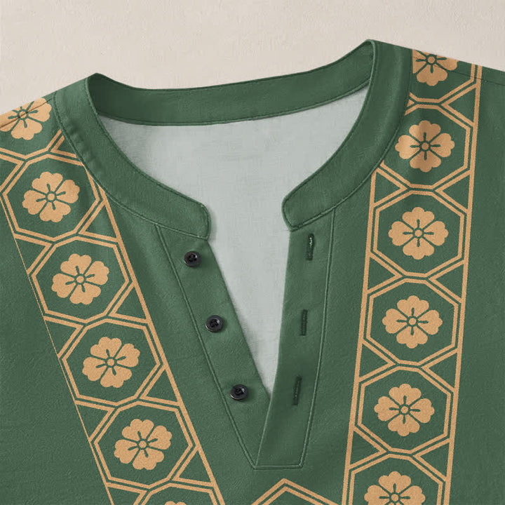 Buddha Stones Cotton Ethnic Flower Grid Pattern V-Neck Buttons Men's Long Sleeve Shirts - image 11