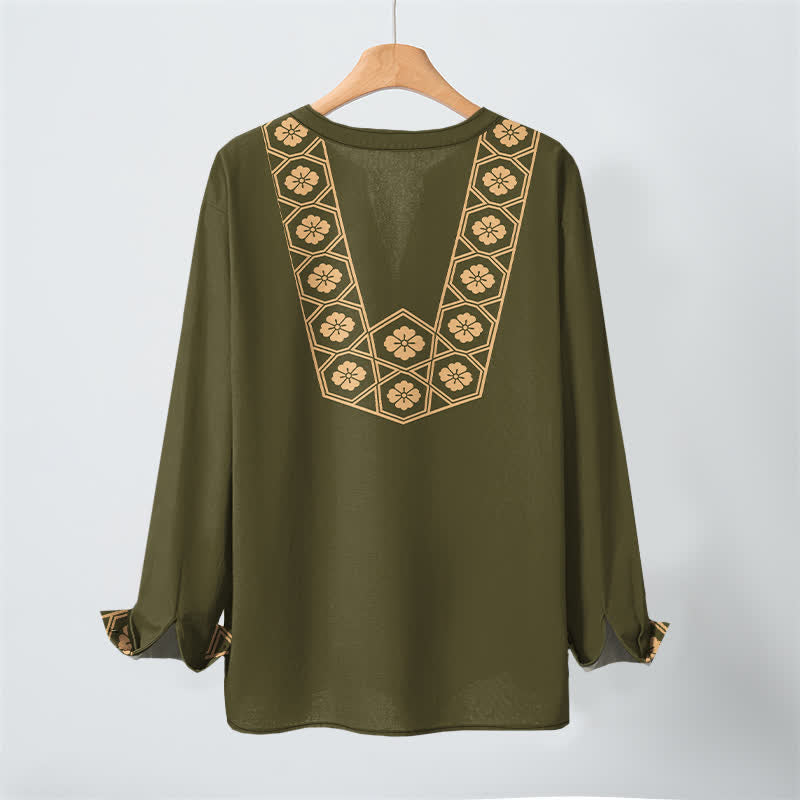Buddha Stones Cotton Ethnic Flower Grid Pattern V-Neck Buttons Men's Long Sleeve Shirts - image 17
