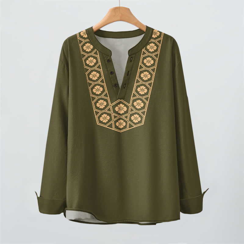 Buddha Stones Cotton Ethnic Flower Grid Pattern V-Neck Buttons Men's Long Sleeve Shirts - image 16