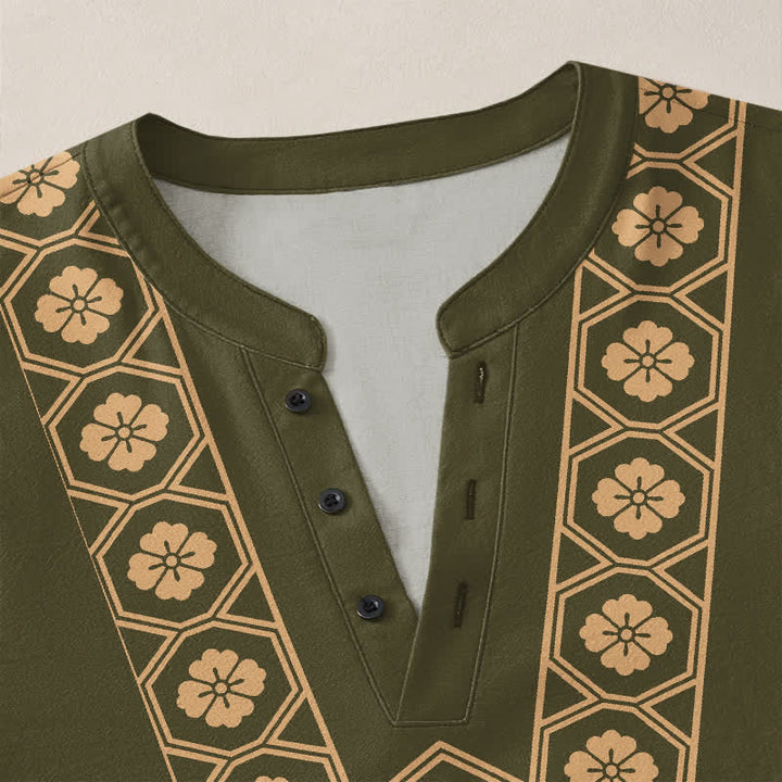 Buddha Stones Cotton Ethnic Flower Grid Pattern V-Neck Buttons Men's Long Sleeve Shirts - image 18