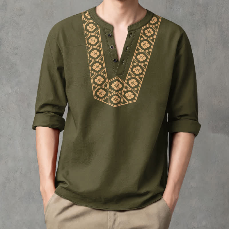 Buddha Stones Cotton Ethnic Flower Grid Pattern V-Neck Buttons Men's Long Sleeve Shirts - DarkOliveGreen - US/UK/AU48，EU58 (4XL) - image 14