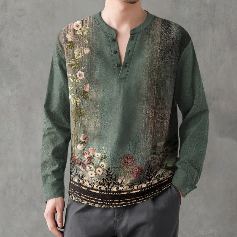 Buddha Stones Cotton Vintage Floral Vine Pattern V-Neck Buttons Men's Long Sleeve Shirts - SeaGreen - US/UK/AU48，EU58 (4XL) - image 0