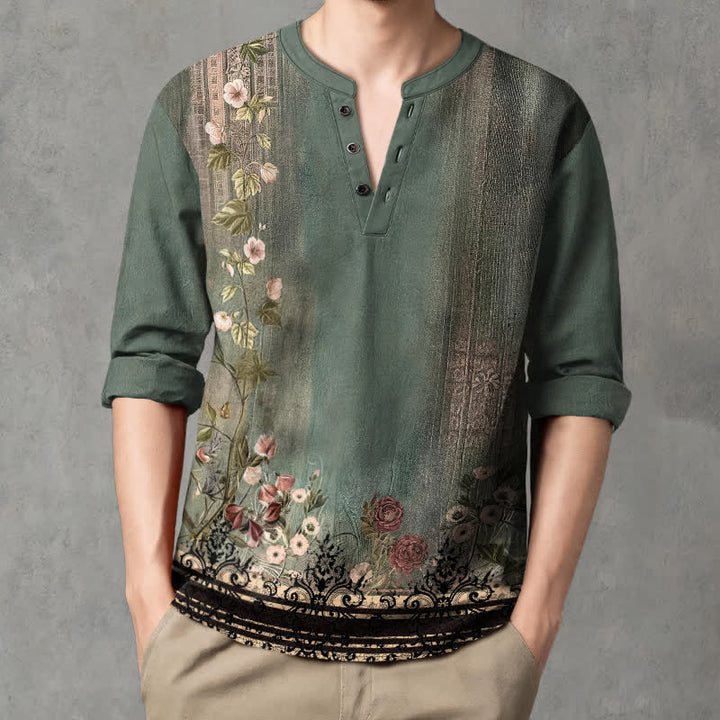 Buddha Stones Cotton Vintage Floral Vine Pattern V-Neck Buttons Men's Long Sleeve Shirts - image 1