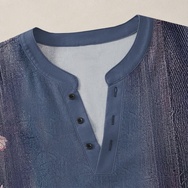 Buddha Stones Cotton Vintage Floral Vine Pattern V-Neck Buttons Men's Long Sleeve Shirts - image 11