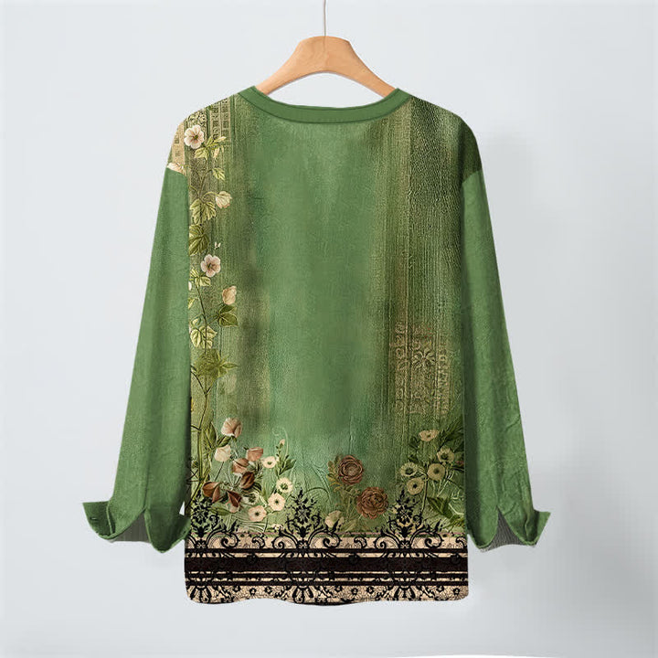 Buddha Stones Cotton Vintage Floral Vine Pattern V-Neck Buttons Men's Long Sleeve Shirts - image 17