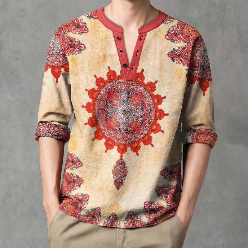 Buddha Stones Cotton Ethnic Paisley Mandala Flower Pattern V-Neck Buttons Men's Long Sleeve Shirts - Wheat - US/UK/AU48，EU58 (4XL) - image 0