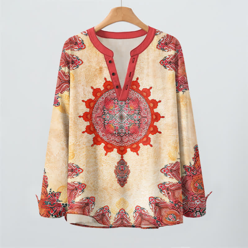 Buddha Stones Cotton Ethnic Paisley Mandala Flower Pattern V-Neck Buttons Men's Long Sleeve Shirts - image 2