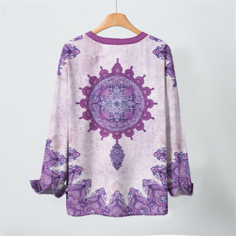 Buddha Stones Cotton Ethnic Paisley Mandala Flower Pattern V-Neck Buttons Men's Long Sleeve Shirts - image 17
