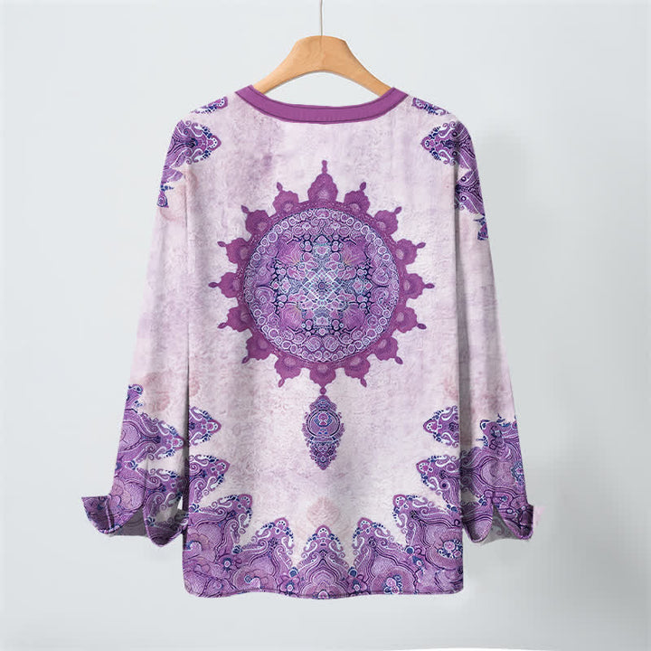 Buddha Stones Cotton Ethnic Paisley Mandala Flower Pattern V-Neck Buttons Men's Long Sleeve Shirts - image 17