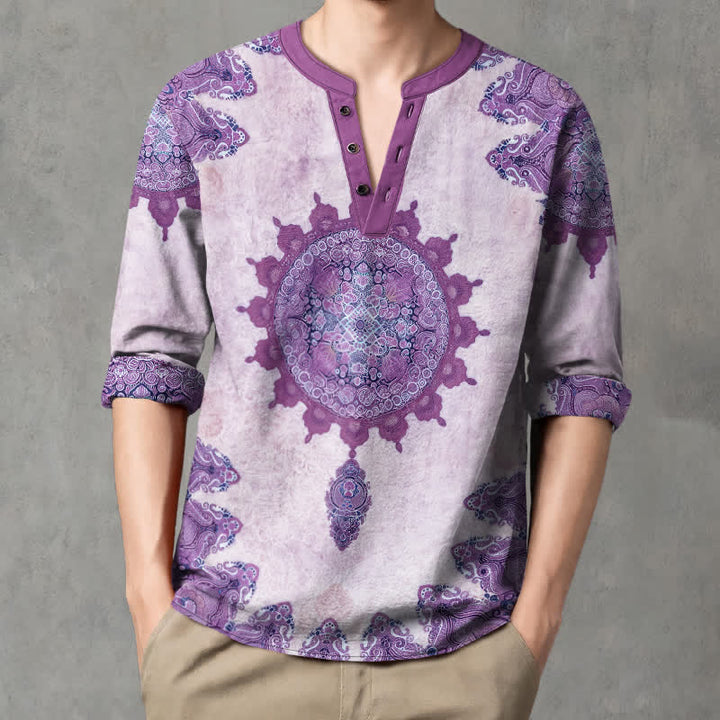 Buddha Stones Cotton Ethnic Paisley Mandala Flower Pattern V-Neck Buttons Men's Long Sleeve Shirts - Lavender - US/UK/AU48，EU58 (4XL) - image 14