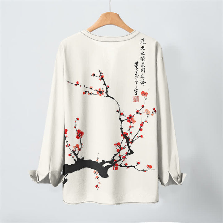 Buddha Stones Cotton Ink Red Plum Blossom Pattern V-Neck Buttons Men's Long Sleeve Shirts - image 3