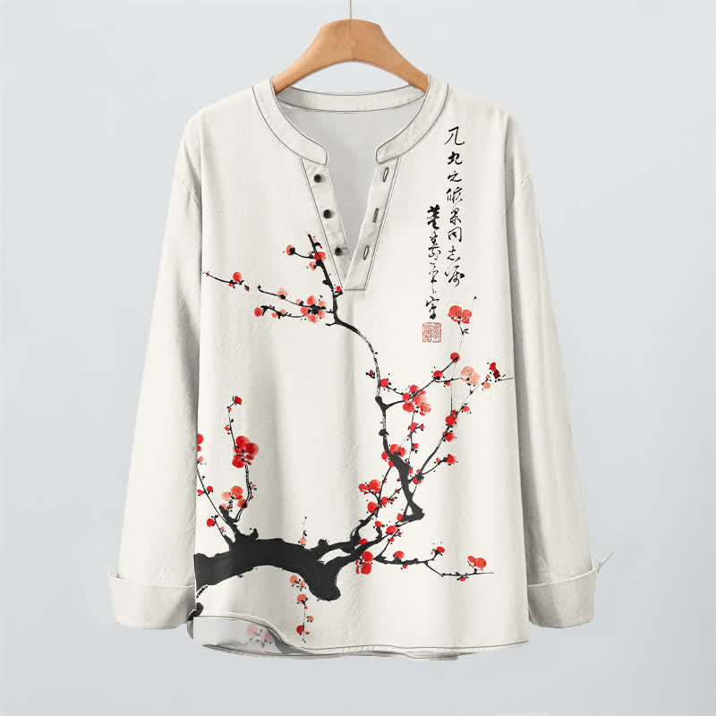 Buddha Stones Cotton Ink Red Plum Blossom Pattern V-Neck Buttons Men's Long Sleeve Shirts - image 2