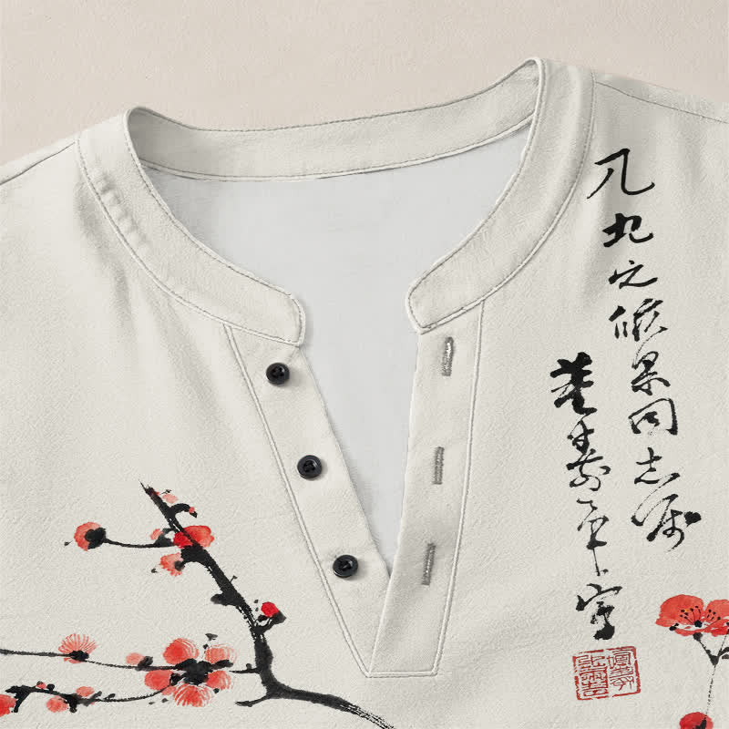 Buddha Stones Cotton Ink Red Plum Blossom Pattern V-Neck Buttons Men's Long Sleeve Shirts - image 4