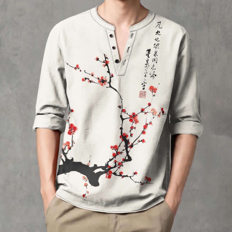 Buddha Stones Cotton Ink Red Plum Blossom Pattern V-Neck Buttons Men's Long Sleeve Shirts - image 1