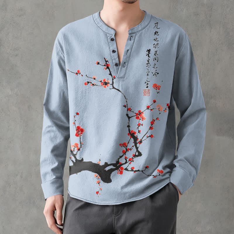 Buddha Stones Cotton Ink Red Plum Blossom Pattern V-Neck Buttons Men's Long Sleeve Shirts - LightSteelBlue - US/UK/AU48，EU58 (4XL) - image 14