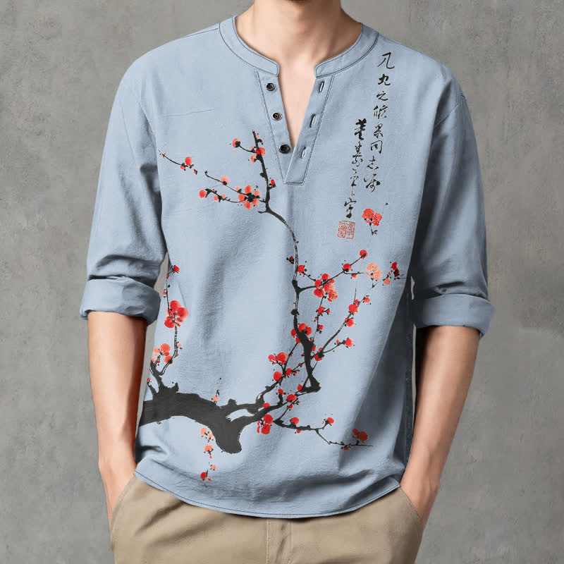 Buddha Stones Cotton Ink Red Plum Blossom Pattern V-Neck Buttons Men's Long Sleeve Shirts - image 15