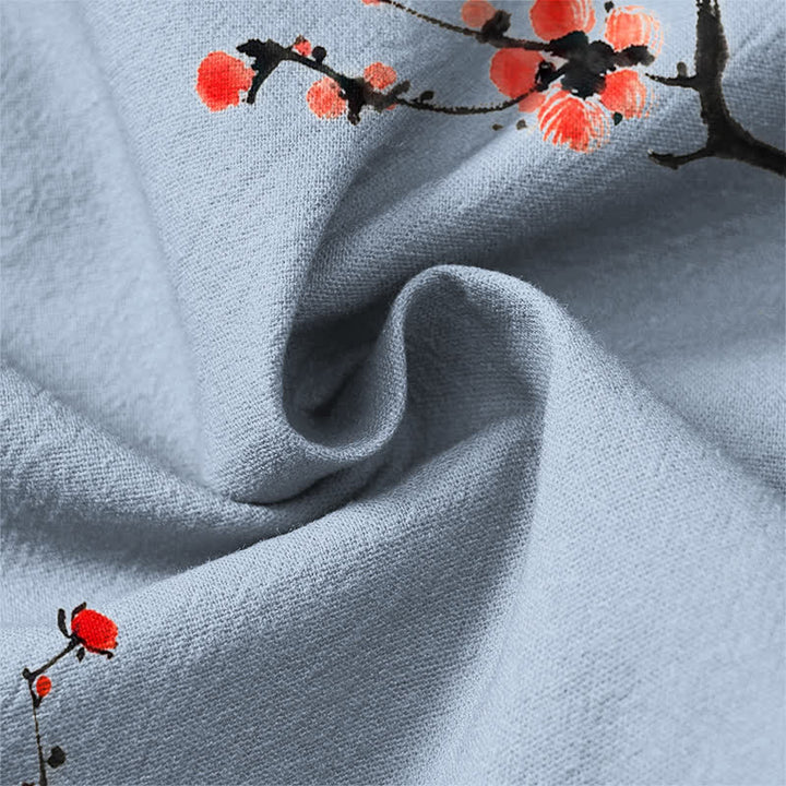 Buddha Stones Cotton Ink Red Plum Blossom Pattern V-Neck Buttons Men's Long Sleeve Shirts - image 20