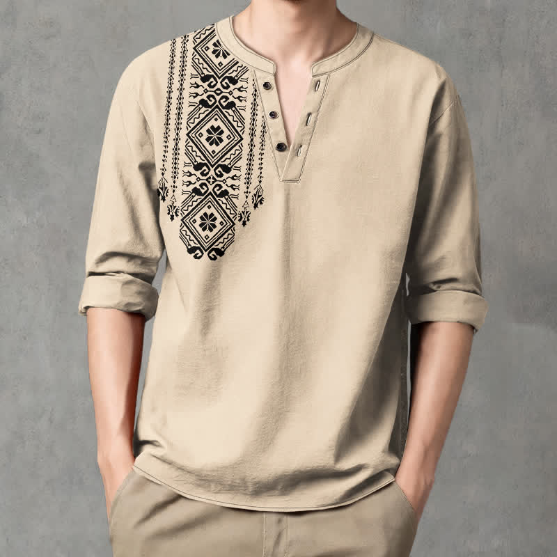 Buddha Stones Cotton Bohemian Square Geometric Pattern V-Neck Buttons Men's Long Sleeve Shirts - Beige - US/UK/AU48，EU58 (4XL) - image 0