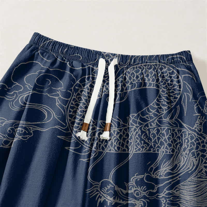 Buddha Stones Pure Cotton Dragon Auspicious Clouds Pattern Drawstring Men's Harem Pants With Pockets - image 3