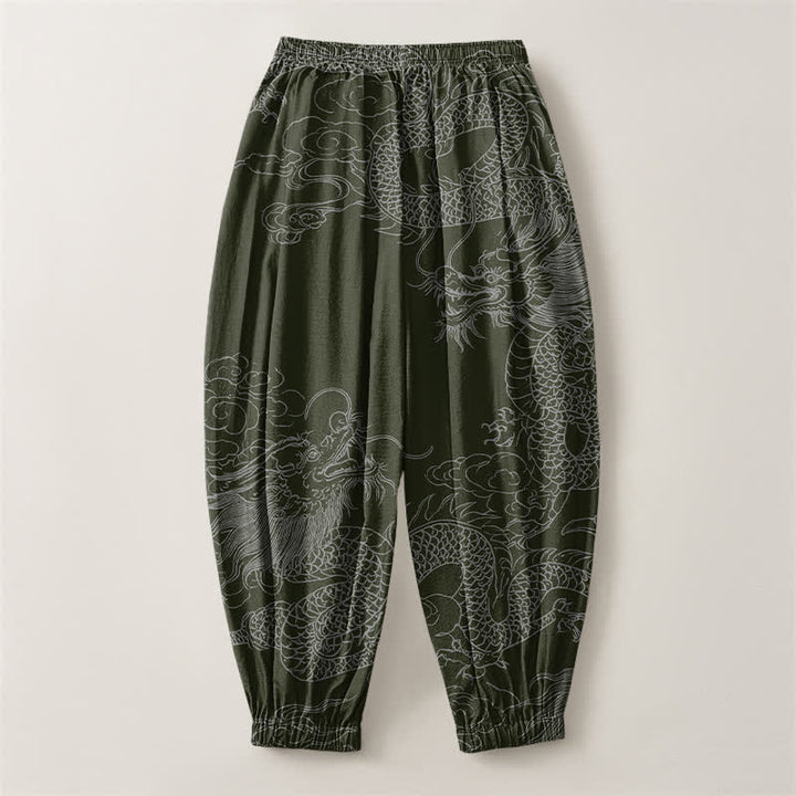 Buddha Stones Pure Cotton Dragon Auspicious Clouds Pattern Drawstring Men's Harem Pants With Pockets - image 8