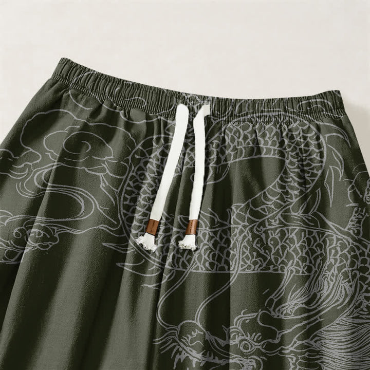Buddha Stones Pure Cotton Dragon Auspicious Clouds Pattern Drawstring Men's Harem Pants With Pockets - image 9