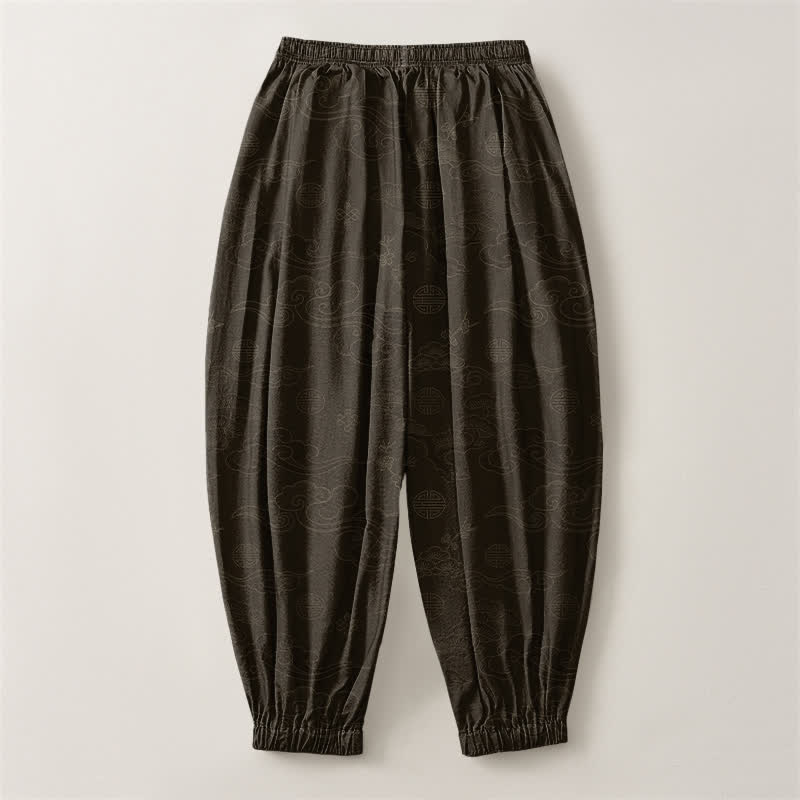 Buddha Stones Pure Cotton Traditional Cloud Medallion Pattern Drawstring Men's Harem Pants With Pockets - image 2