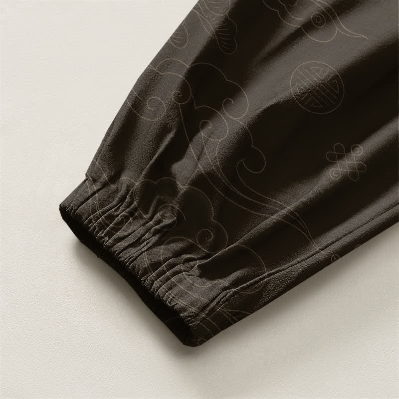 Buddha Stones Pure Cotton Traditional Cloud Medallion Pattern Drawstring Men's Harem Pants With Pockets - image 4