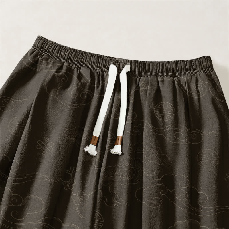 Buddha Stones Pure Cotton Traditional Cloud Medallion Pattern Drawstring Men's Harem Pants With Pockets - image 3