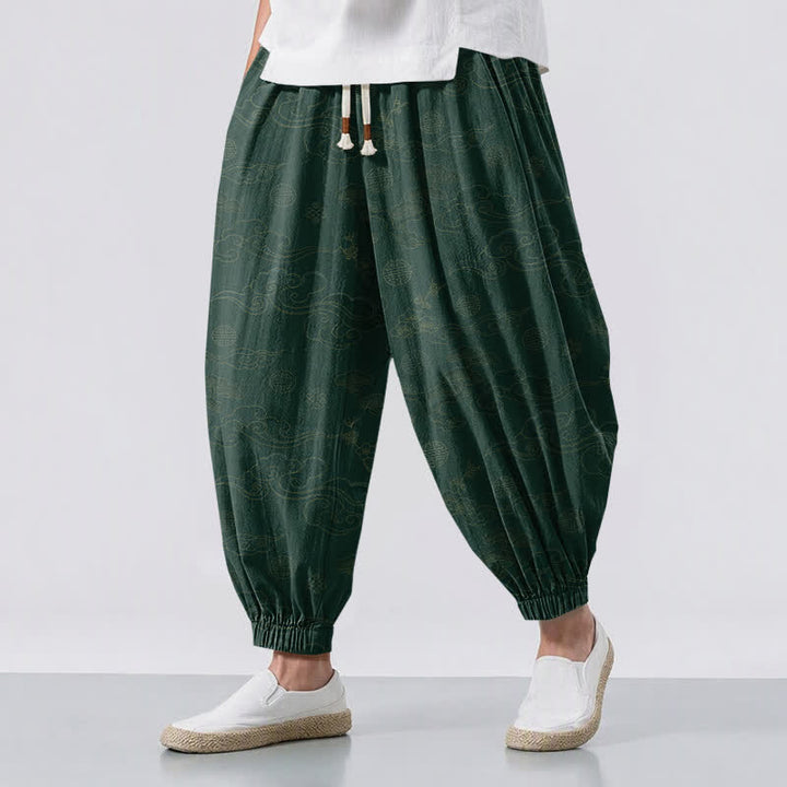 Buddha Stones Pure Cotton Traditional Cloud Medallion Pattern Drawstring Men's Harem Pants With Pockets - DarkGreen - US/UK/AU50，EU60 (5XL) - image 6