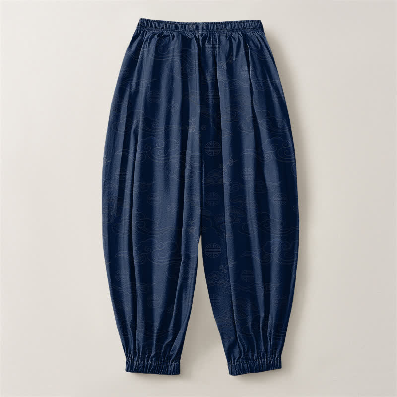 Buddha Stones Pure Cotton Traditional Cloud Medallion Pattern Drawstring Men's Harem Pants With Pockets - image 14