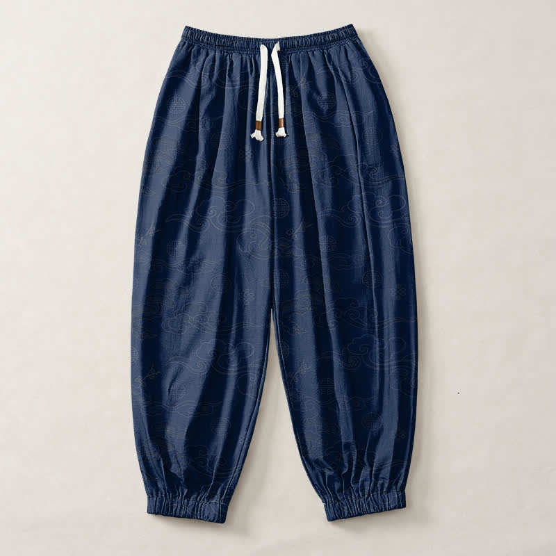 Buddha Stones Pure Cotton Traditional Cloud Medallion Pattern Drawstring Men's Harem Pants With Pockets - image 13