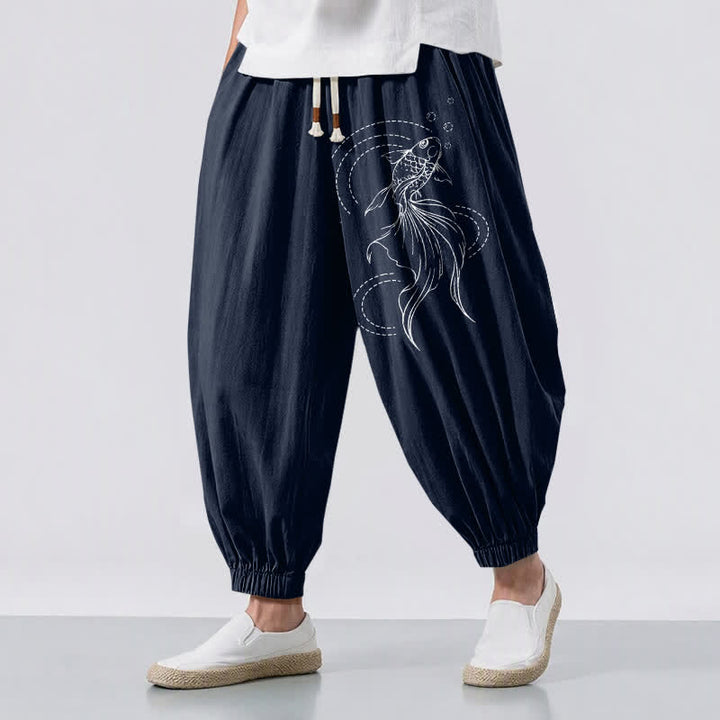 Buddha Stones Pure Cotton Koi Fish Pattern Drawstring Men's Harem Pants With Pockets - Navy - US/UK/AU50，EU60 (5XL) - image 0