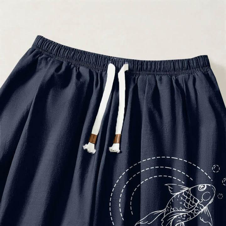 Buddha Stones Pure Cotton Koi Fish Pattern Drawstring Men's Harem Pants With Pockets - image 3