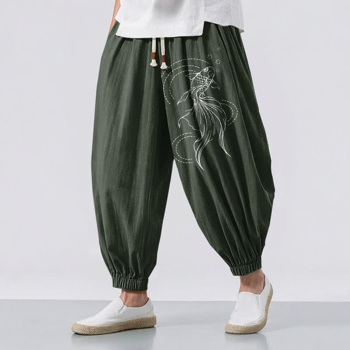 Buddha Stones Pure Cotton Koi Fish Pattern Drawstring Men's Harem Pants With Pockets - DarkGreen - US/UK/AU50，EU60 (5XL) - image 6