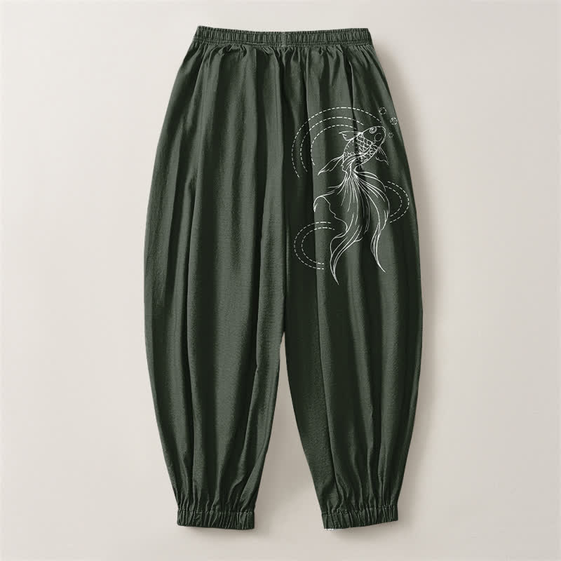 Buddha Stones Pure Cotton Koi Fish Pattern Drawstring Men's Harem Pants With Pockets - image 8
