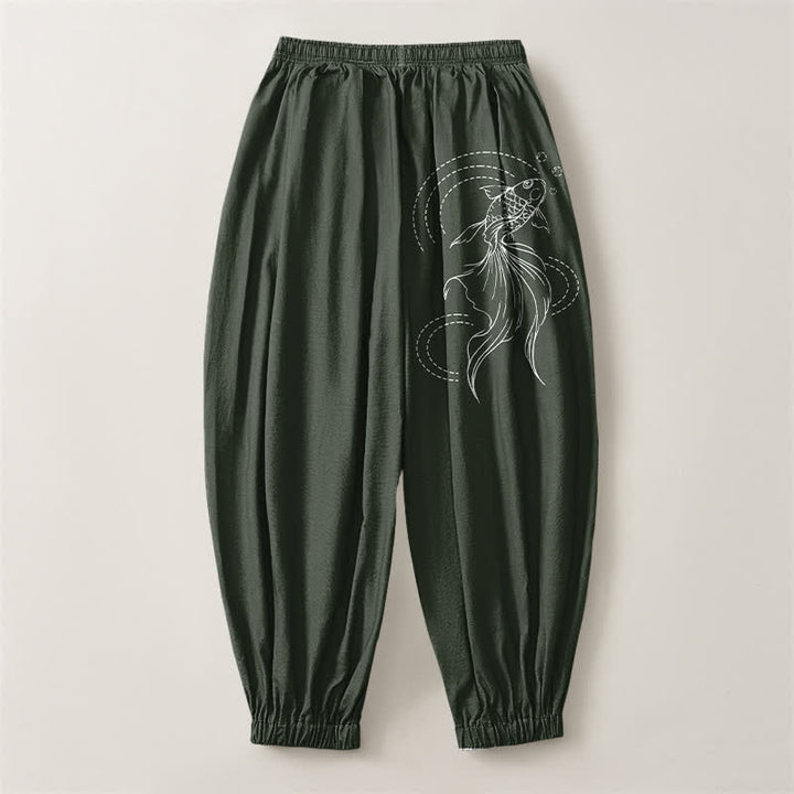 Buddha Stones Pure Cotton Koi Fish Pattern Drawstring Men's Harem Pants With Pockets - image 8