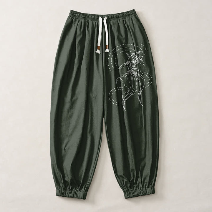 Buddha Stones Pure Cotton Koi Fish Pattern Drawstring Men's Harem Pants With Pockets - image 7