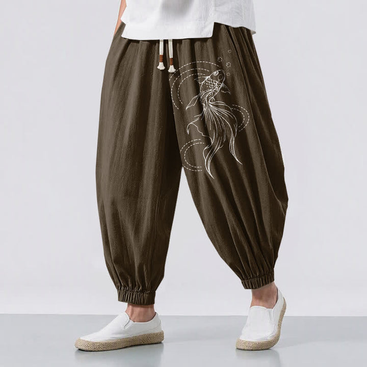 Buddha Stones Pure Cotton Koi Fish Pattern Drawstring Men's Harem Pants With Pockets - SaddleBrown - US/UK/AU50，EU60 (5XL) - image 12