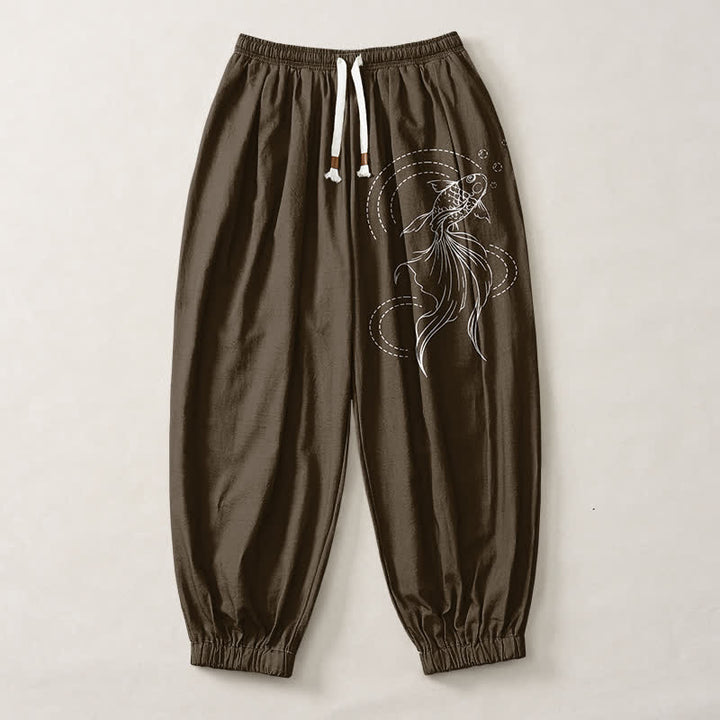 Buddha Stones Pure Cotton Koi Fish Pattern Drawstring Men's Harem Pants With Pockets - image 13