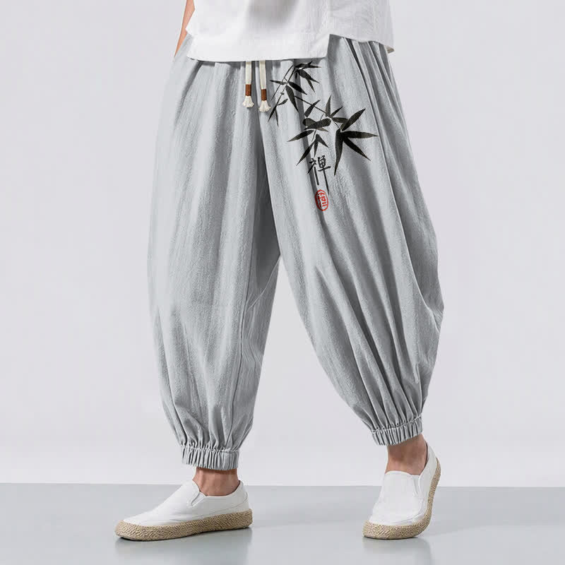 Buddha Stones Pure Cotton Ink Bamboo Pattern Drawstring Men's Harem Pants With Pockets - LightGrey - US/UK/AU50，EU60 (5XL) - image 0