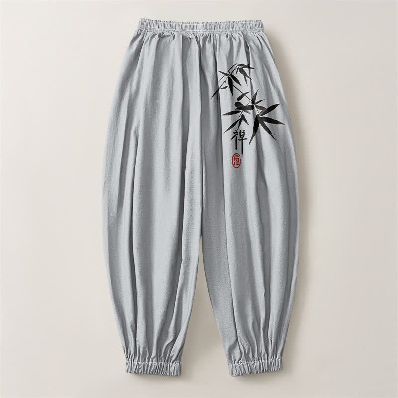 Buddha Stones Pure Cotton Ink Bamboo Pattern Drawstring Men's Harem Pants With Pockets - image 2