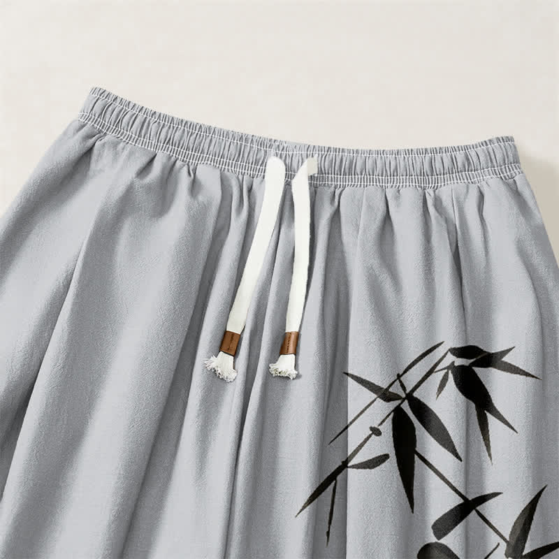Buddha Stones Pure Cotton Ink Bamboo Pattern Drawstring Men's Harem Pants With Pockets - image 3