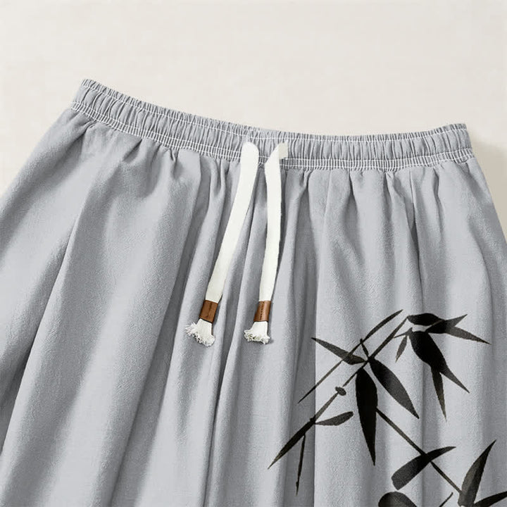 Buddha Stones Pure Cotton Ink Bamboo Pattern Drawstring Men's Harem Pants With Pockets - image 3