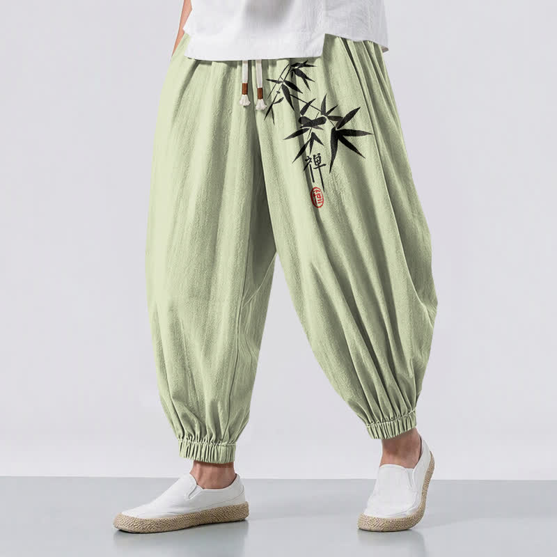 Buddha Stones Pure Cotton Ink Bamboo Pattern Drawstring Men's Harem Pants With Pockets - Honeydew - US/UK/AU50，EU60 (5XL) - image 6