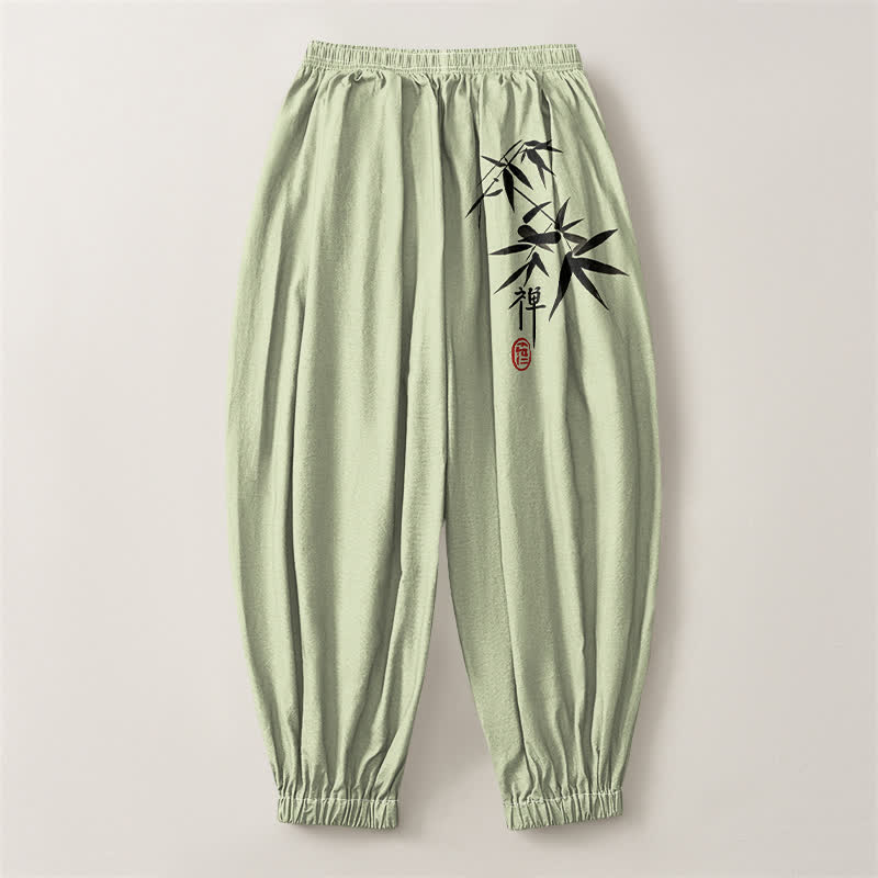 Buddha Stones Pure Cotton Ink Bamboo Pattern Drawstring Men's Harem Pants With Pockets - image 8