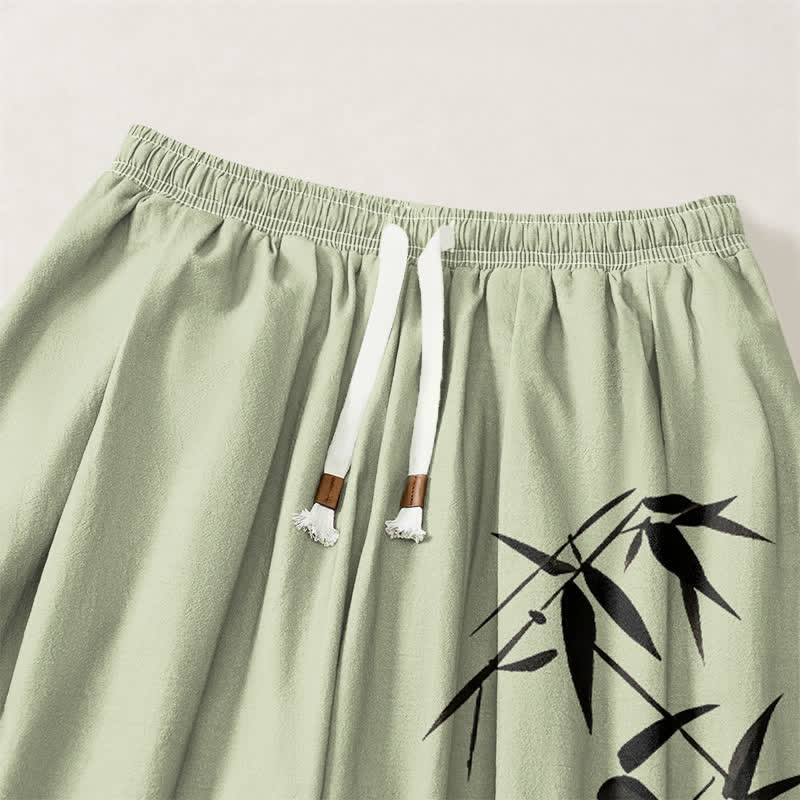 Buddha Stones Pure Cotton Ink Bamboo Pattern Drawstring Men's Harem Pants With Pockets - image 9