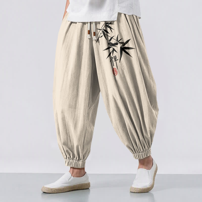 Buddha Stones Pure Cotton Ink Bamboo Pattern Drawstring Men's Harem Pants With Pockets - Beige - US/UK/AU50，EU60 (5XL) - image 12