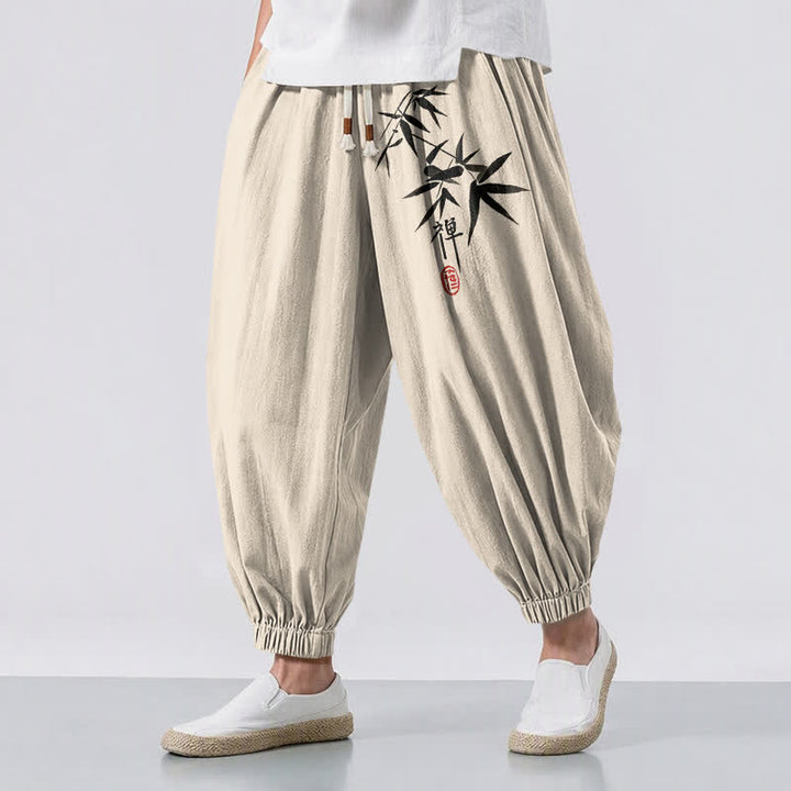 Buddha Stones Pure Cotton Ink Bamboo Pattern Drawstring Men's Harem Pants With Pockets - Beige - US/UK/AU50，EU60 (5XL) - image 12